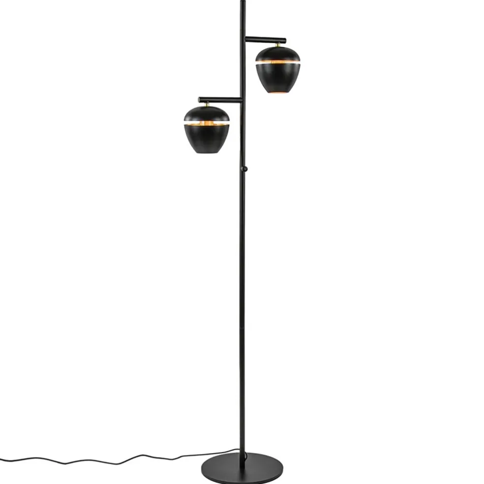 Mat zwarte 2-lichts vloerlamp met gouden accenten