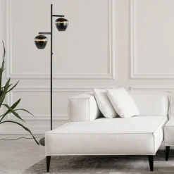 Mat zwarte 2-lichts vloerlamp met gouden accenten