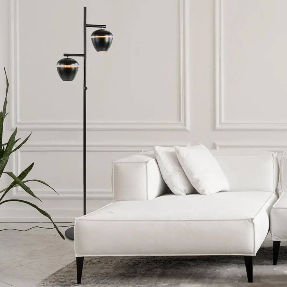 Mat zwarte 2-lichts vloerlamp met gouden accenten
