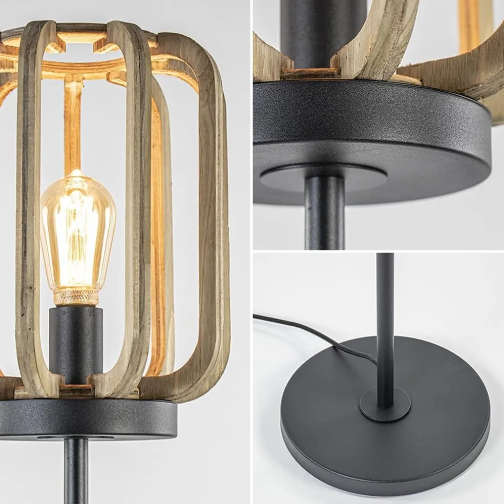 Mat zwarte vloerlamp met ruwe houten kap