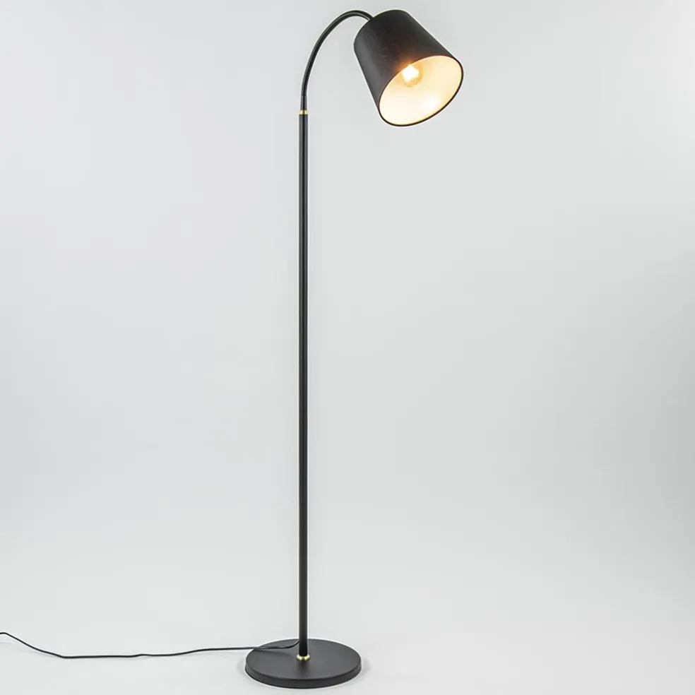 Mat zwarte vloerlamp met goud en kunststof kap
