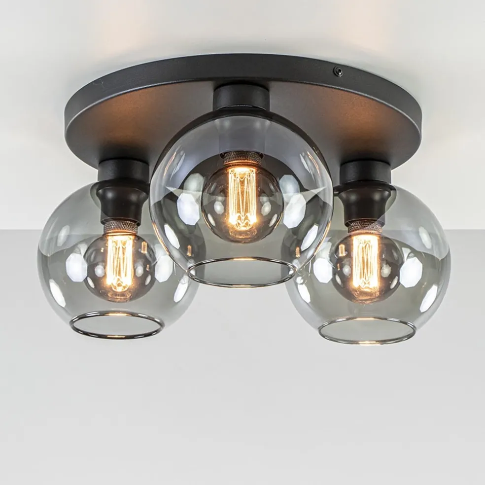 Plafondlamp 3L zwart bolglas smoke