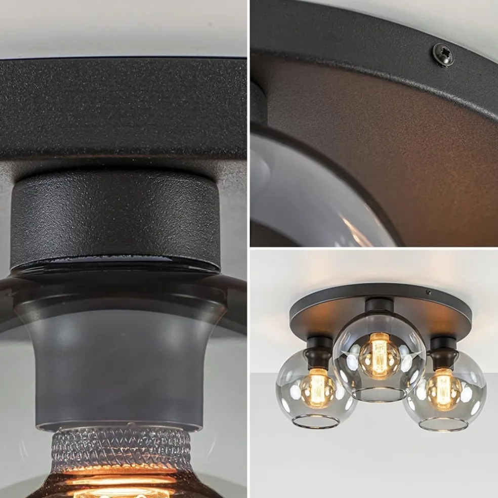 Plafondlamp 3L zwart bolglas smoke