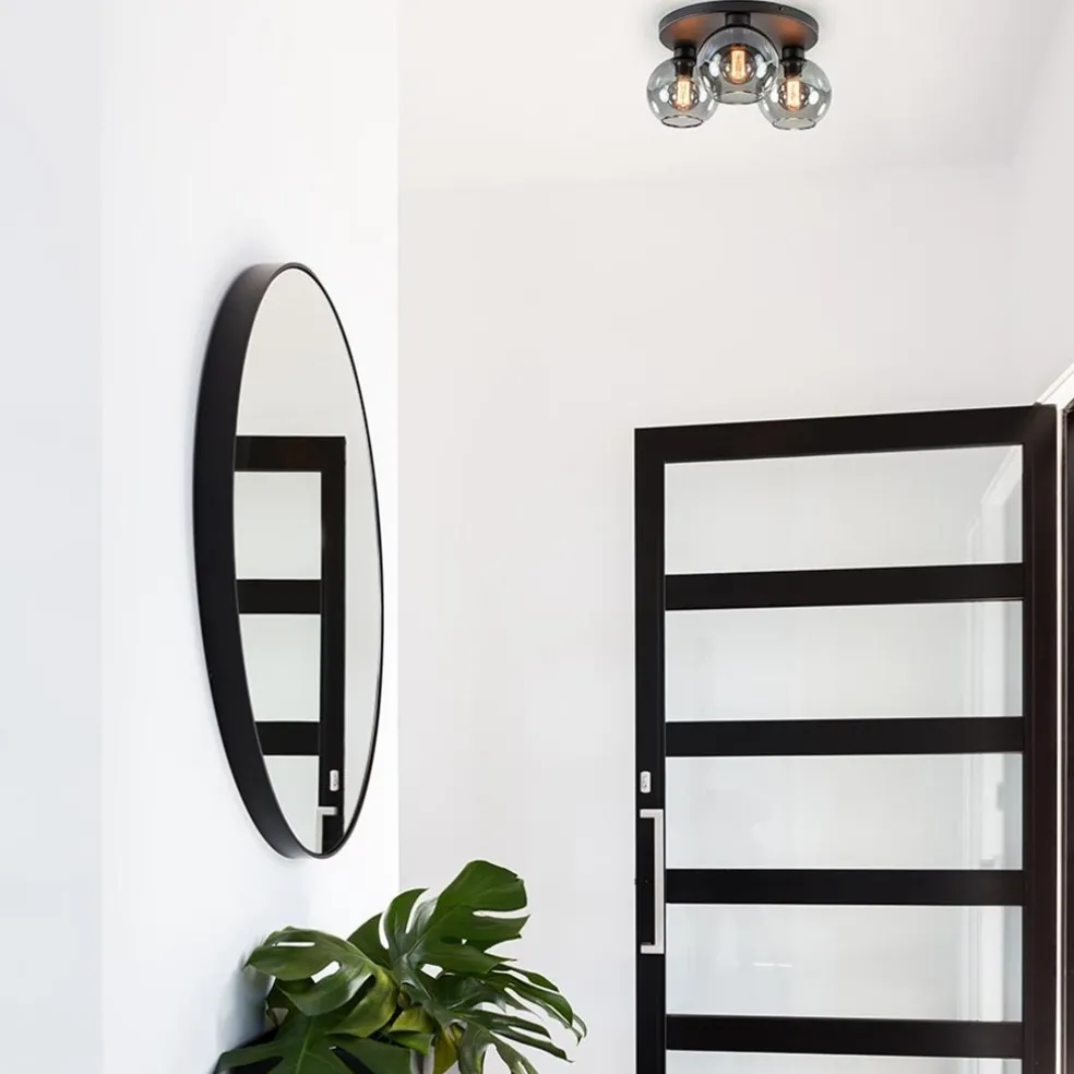 Plafondlamp 3L zwart bolglas smoke