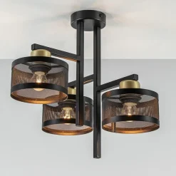 Plafondlamp 3L zwart/goud cilinder geperforeerd