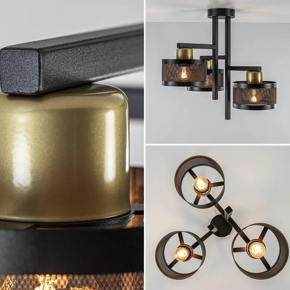 Plafondlamp 3L zwart/goud cilinder geperforeerd