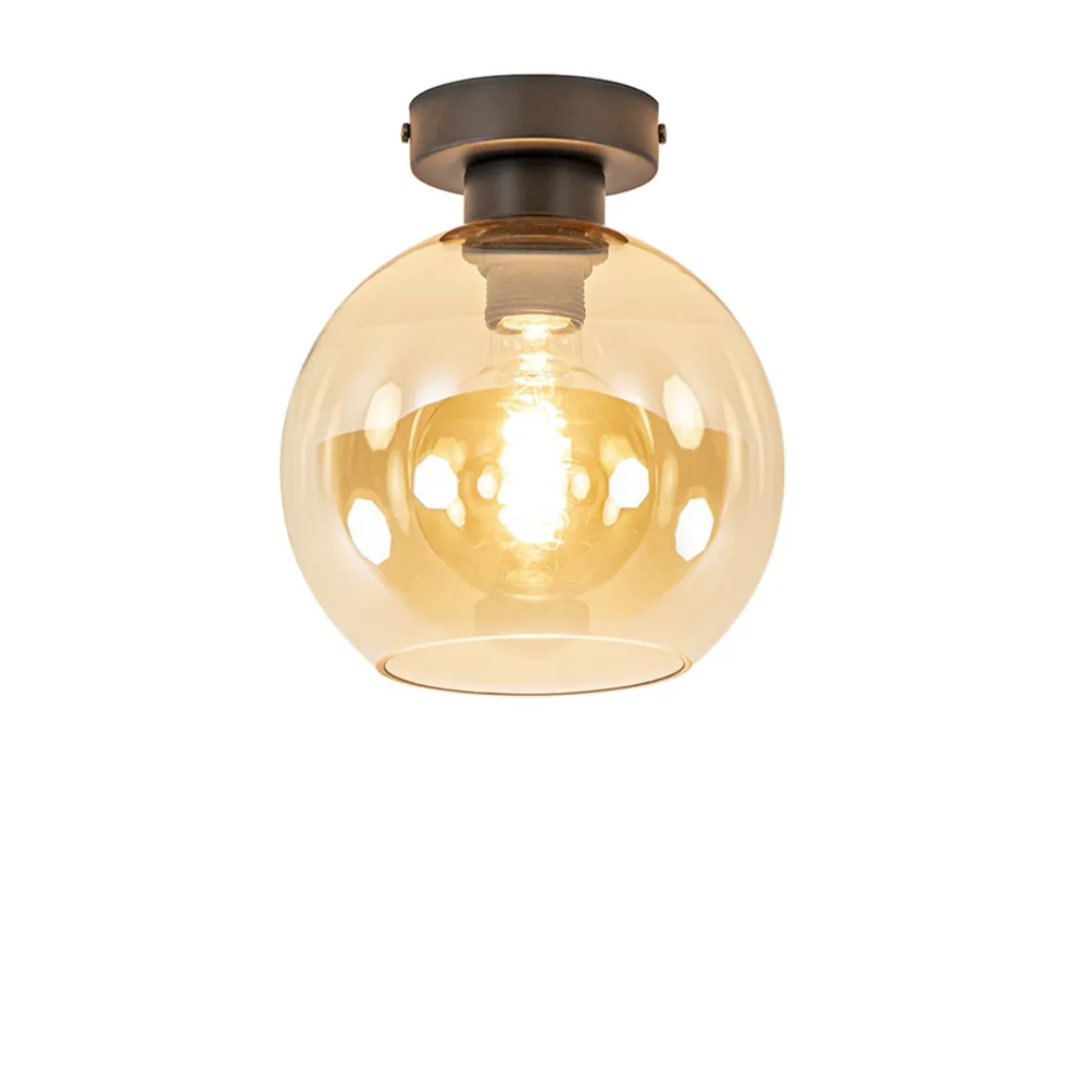 Plafondlamp zwart met amber glas 20 cm