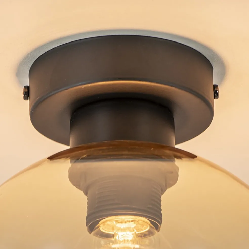 Plafondlamp zwart met amber glas 20 cm