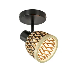 Plafondlamp/wandlamp zwart met bamboe kap verstelbaar