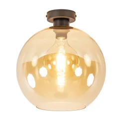 Retro plafondlamp zwart met amber glazen bol