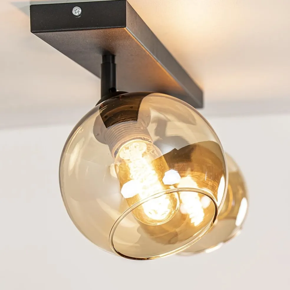 Retro plafondlamp zwart met amber glas verstelbaar