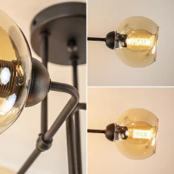 Retro plafondlamp zwart met amber glas 6-lichts
