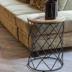 Ronde bijzettafel mangohout met zwart metaal