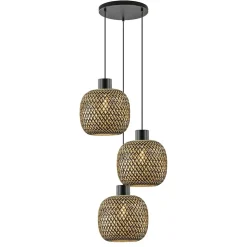 Ronde 3-lichts hanglamp zwart met bamboe kappen