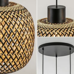 Ronde 3-lichts hanglamp zwart met bamboe kappen