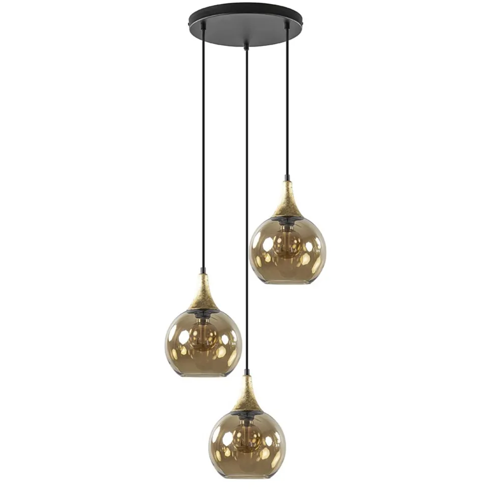 Ronde 3-lichts hanglamp zwart met goud en amber glas