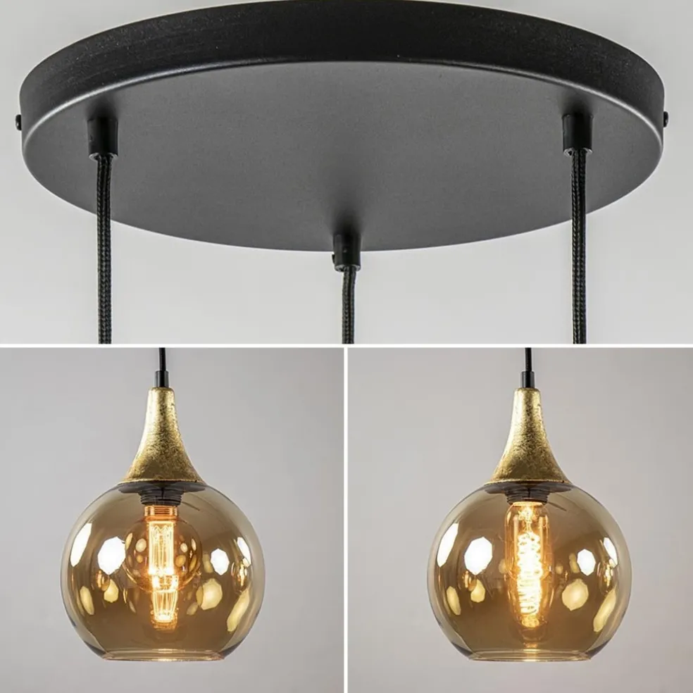 Ronde 3-lichts hanglamp zwart met goud en amber glas