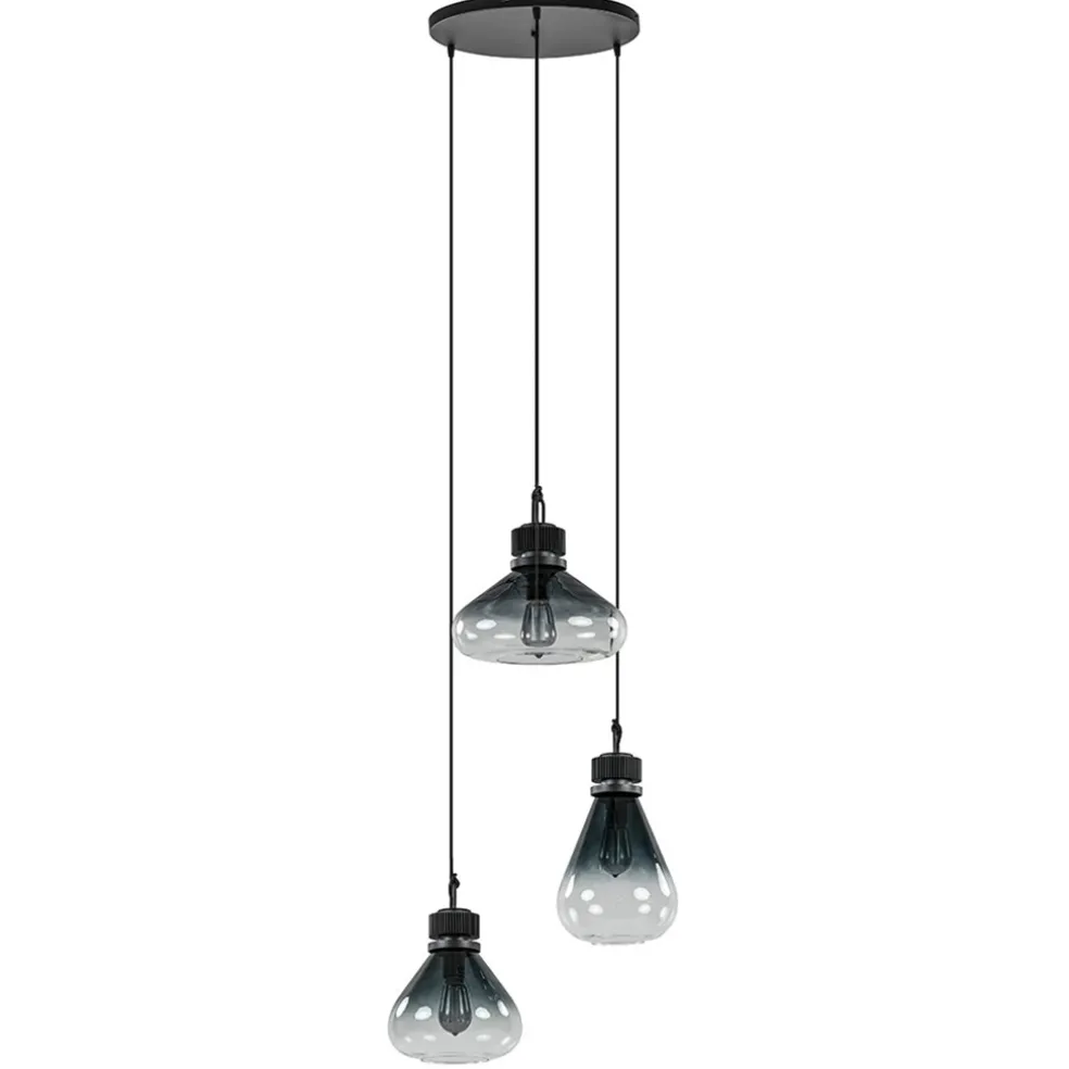Ronde 3-lichts hanglamp zwart met smoke/helder glas