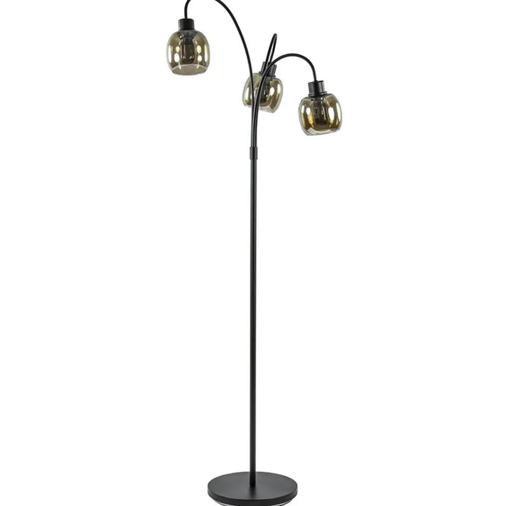 Sierlijke vloerlamp mat zwart met smoke glazen kappen