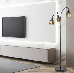 Sierlijke vloerlamp mat zwart met smoke glazen kappen