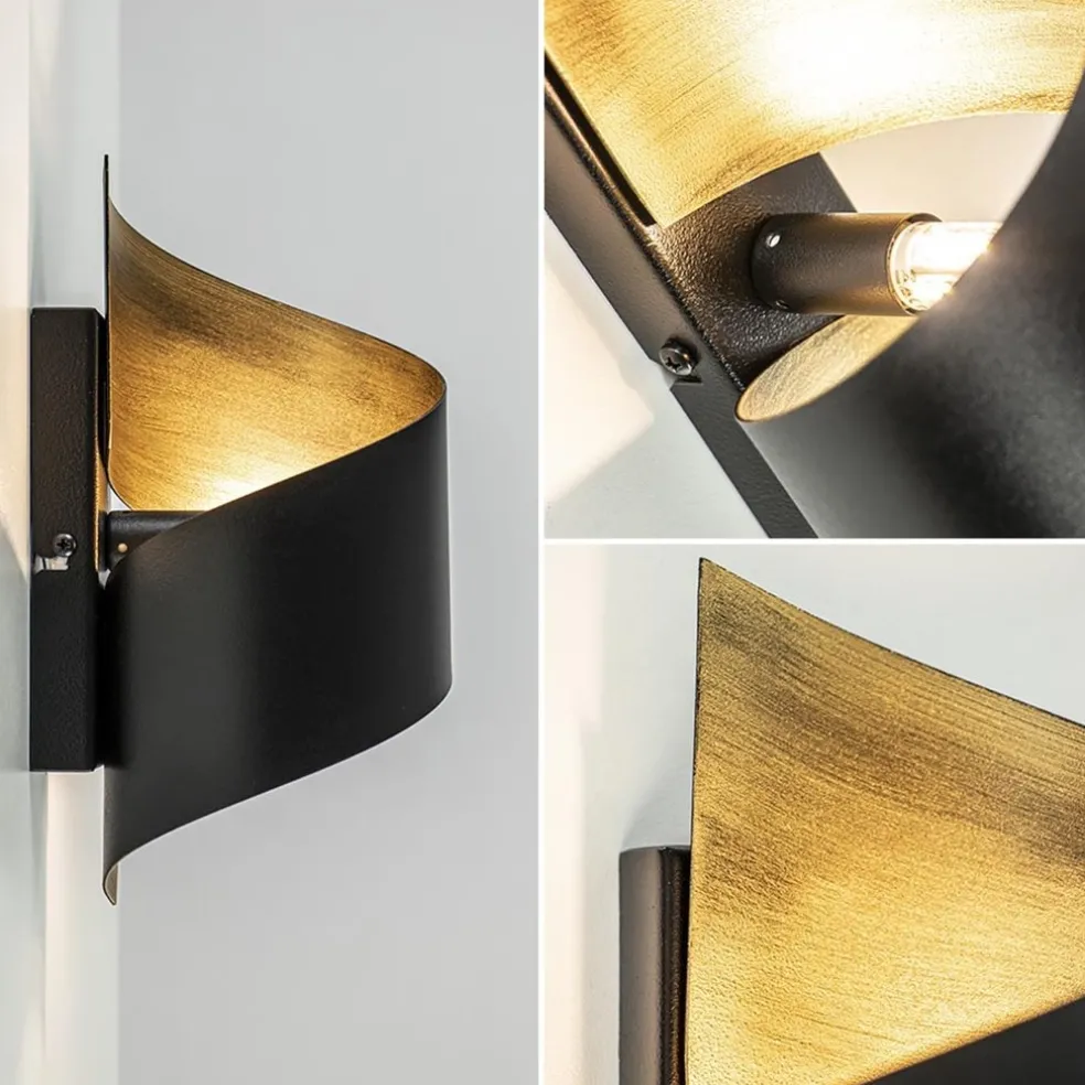 Sierlijke wandlamp krul zwart met goud
