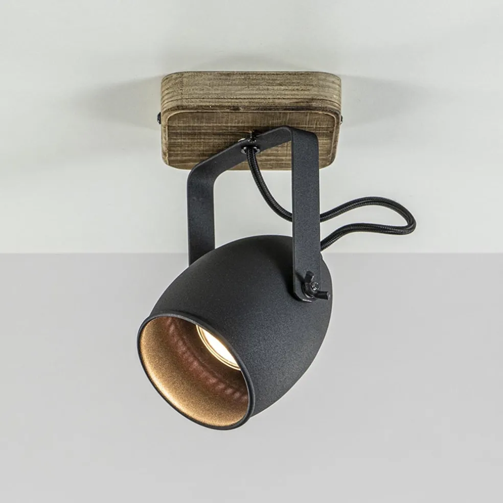 Spot 1-lichts zwart met hout