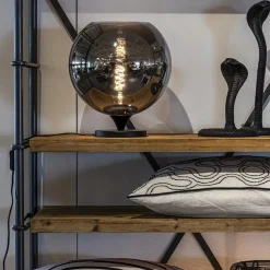 Stijlvolle tafellamp zwart met smoke/titanium glazen bol