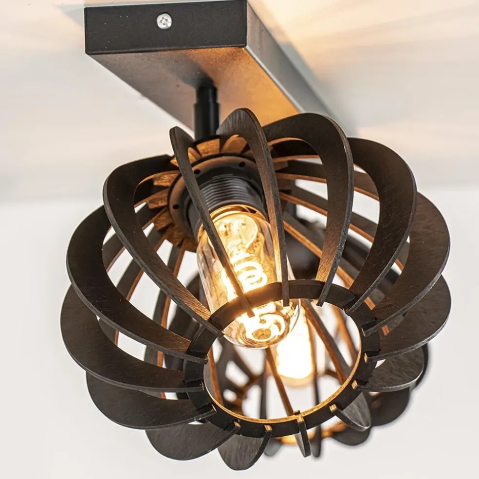 Stoere 2-lichts plafondlamp met houten kappen zwart