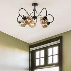 Strak klassieke 5-lichts plafondlamp met smoke glazen kappen