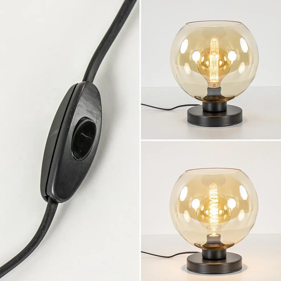 Strak klassieke tafellamp zwart met amber glas