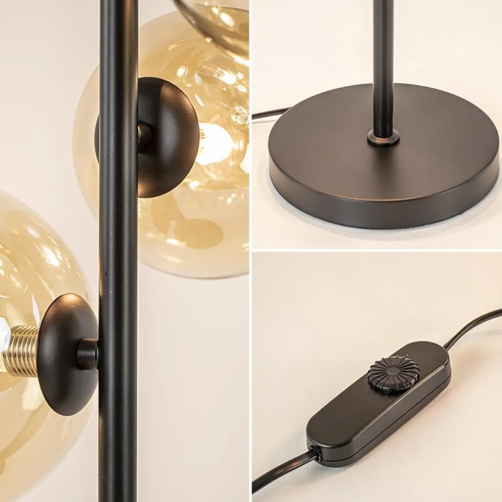 Strak klassieke tafellamp zwart met amber glas