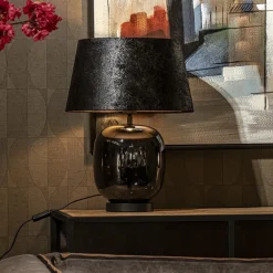 Tafellamp zwart glas met ronde kap 40 cm