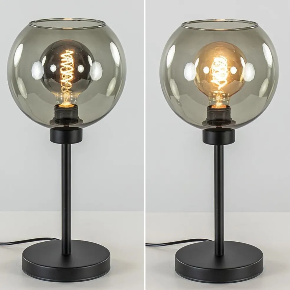 Tafellamp zwart met smoke glazen bol