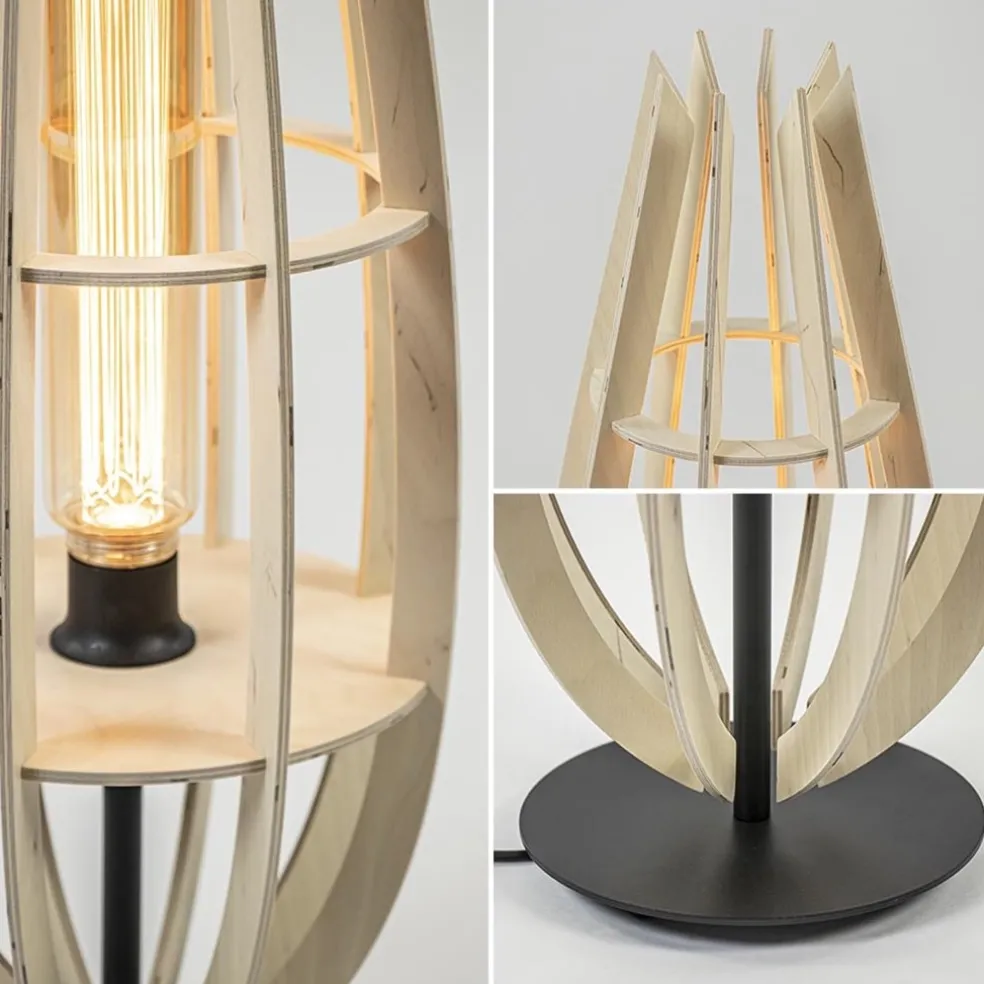 Tafellamp/vloerlamp naturel houten kap met zwart