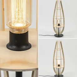 Tafellamp/vloerlamp naturel houten kap met zwart