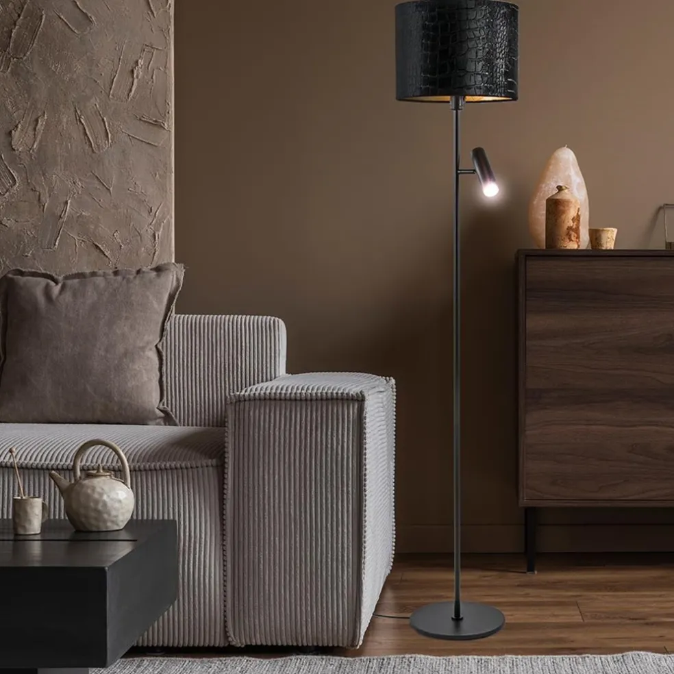 Trendy vloerlamp met kap zwart met goud