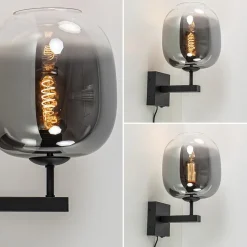 Trendy wandlamp zwart met smoke glazen kap en snoer