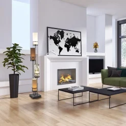 Vloerlamp 4L zwart + cilinder kappen bruin