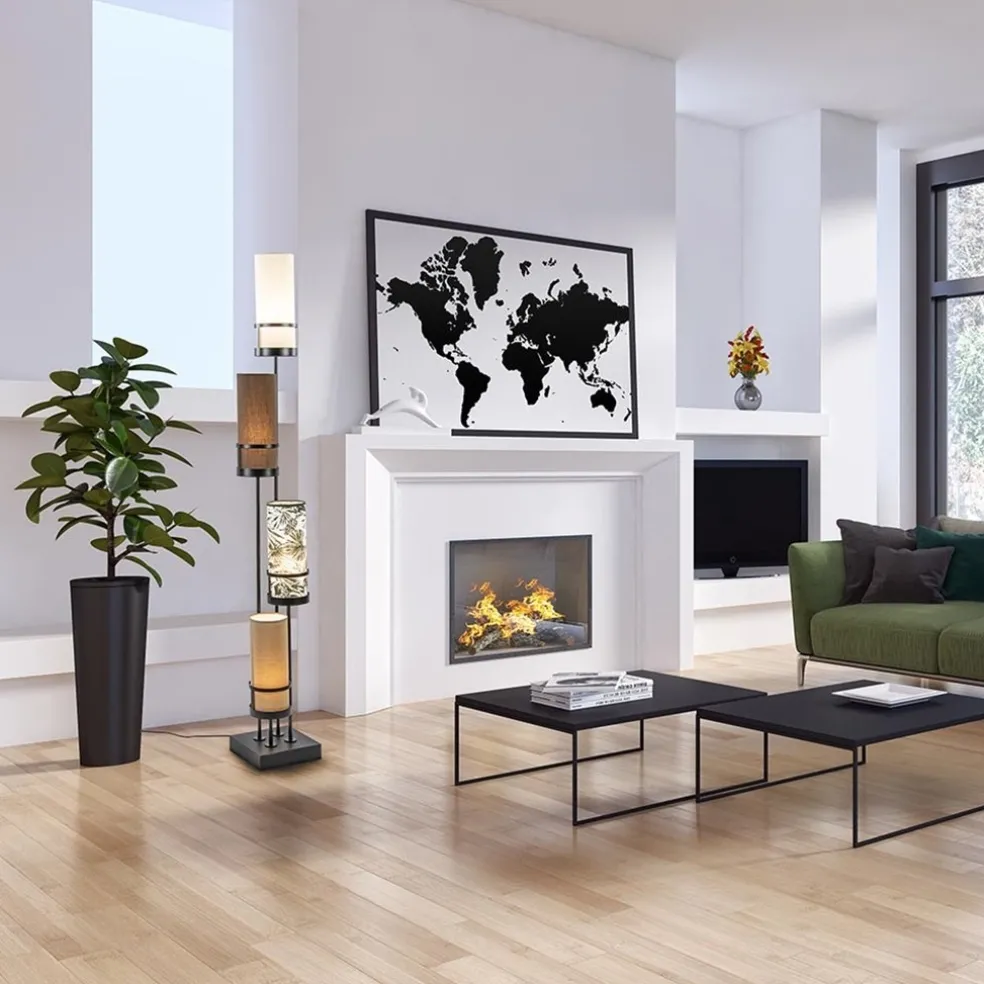 Vloerlamp 4L zwart + cilinder kappen bruin