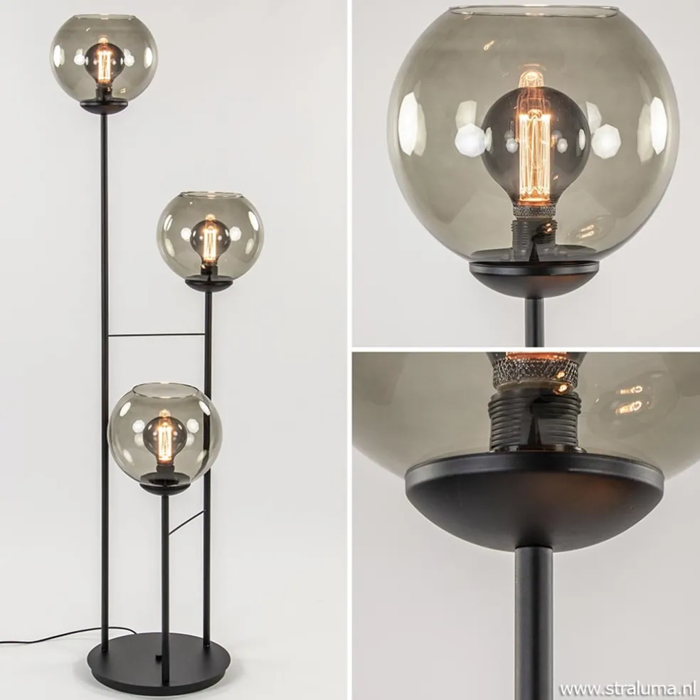Vloerlamp 3-L zwart met bolglas smoke