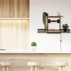 Wandlamp/wandrek zwart met houten planken