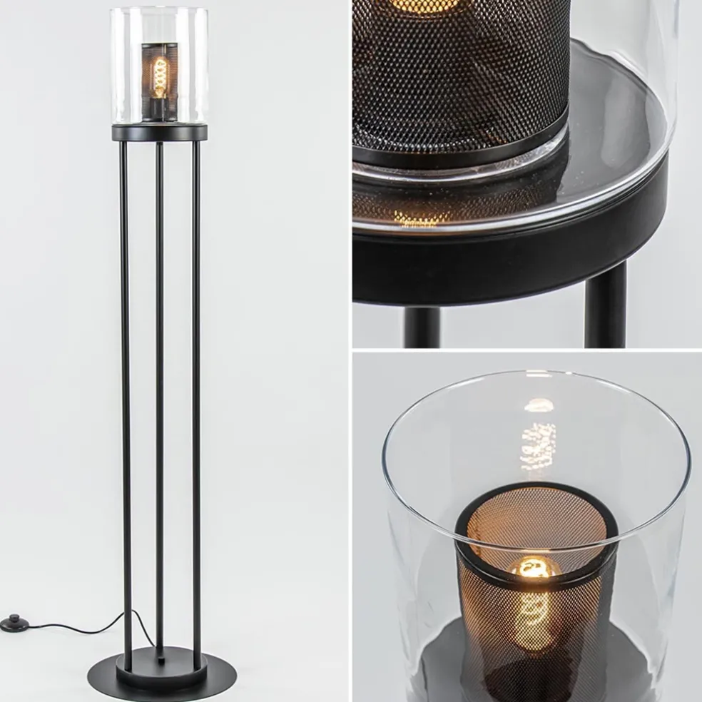 Zwarte vloerlamp met cilinder kap helder glas